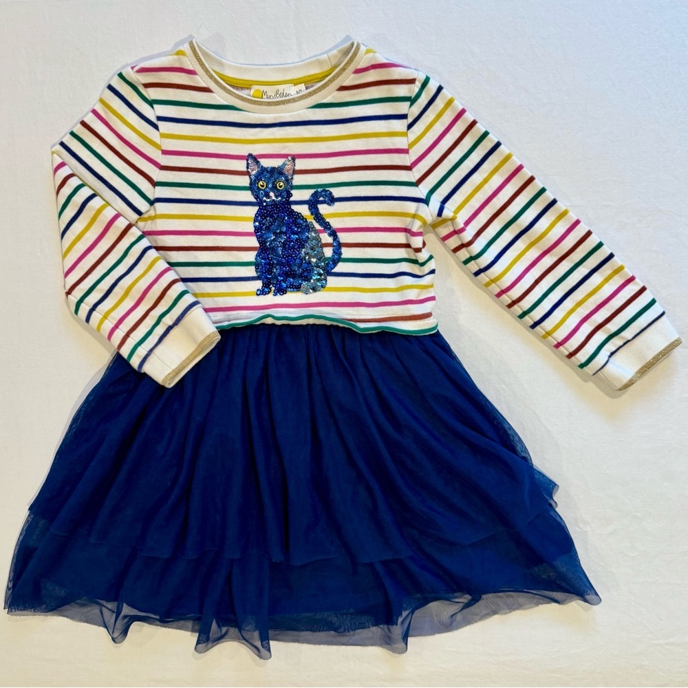 Mini Boden Cat Sequin Tulle Dress 6-7 Y Stripes Jersey Navy Skirt Fall Winter